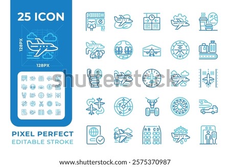 Aviation two color line icons set. Air travel. Aviation technology. Travel services. Airport operations. Bicolor outline iconset isolated. Duotone pictograms thin linear. Editable stroke