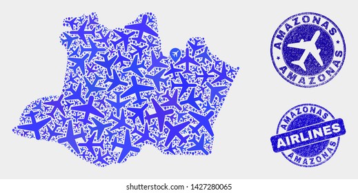 Aviation vector Amazonas State map collage and grunge stamps. Abstract Amazonas State map is designed of blue flat random airlines symbols and map pointers. Delivery scheme in blue colors,