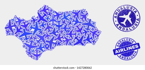 Aviation vector Andalusia Province map collage and grunge seals. Abstract Andalusia Province map is designed of blue flat randomized airplane symbols and map pointers. Tourism plan in blue colors,