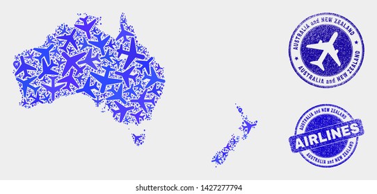 Aviation vector Australia and New Zealand map collage and scratched stamps. Abstract Australia and New Zealand map is created of blue flat scattered aviation symbols and map locations.
