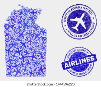 Aviation vector Australian Northern Territory map mosaic and grunge watermarks. Abstract Australian Northern Territory map is created of blue flat random aviation symbols and map locations.