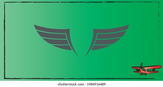 aviation vector background with aviator wing shape and a red monoplane in the corner. Summer green backdrop for poster, banner, and print.