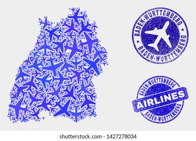 Aviation vector Baden-Wurttemberg Land map mosaic and grunge watermarks. Abstract Baden-Wurttemberg Land map is constructed from blue flat random aviation symbols and map markers.