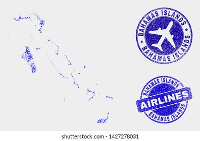 Aviation vector Bahamas Islands map mosaic and scratched watermarks. Abstract Bahamas Islands map is designed of blue flat randomized aviation symbols and map markers. Delivery scheme in blue colors,