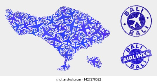 Aviation vector Bali map collage and scratched seals. Abstract Bali map is composed from blue flat random airline symbols and map locations. Tourism scheme in blue colors, and rounded stamp seals.