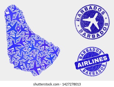 Aviation vector Barbados map composition and grunge seals. Abstract Barbados map is organized of blue flat randomized aviation symbols and map locations. Shipping scheme in blue colors,