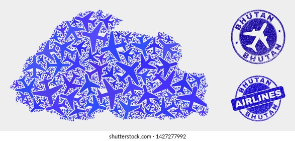 Aviation vector Bhutan map collage and scratched stamps. Abstract Bhutan map is composed from blue flat scattered aviation symbols and map locations. Flight scheme in blue colors,
