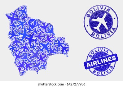 Aviation vector Bolivia map collage and scratched seals. Abstract Bolivia map is constructed with blue flat randomized aviation symbols and map markers. Flight scheme in blue colors,
