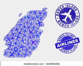 Aviation vector Bowen Island map mosaic and scratched seals. Abstract Bowen Island map is designed with blue flat randomized aviation symbols and map locations. Shipping plan in blue colors,
