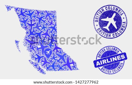 Aviation vector British Columbia map composition and scratched seals. Abstract British Columbia map is organized with blue flat random aviation symbols and map markers. Shipping plan in blue colors,