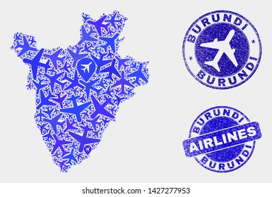 Aviation vector Burundi map mosaic and scratched seals. Abstract Burundi map is created from blue flat scattered aviation symbols and map markers. Delivery scheme in blue colors,