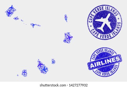 Aviation vector Cape Verde Islands map mosaic and scratched seals. Abstract Cape Verde Islands map is created from blue flat random aviation symbols and map locations. Delivery scheme in blue colors,