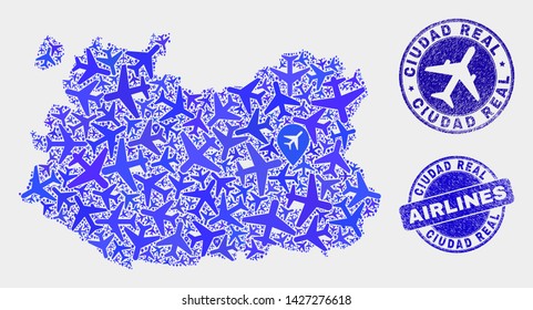 Aviation vector Ciudad Real Province map collage and grunge stamps. Abstract Ciudad Real Province map is organized with blue flat scattered aviation symbols and map markers.