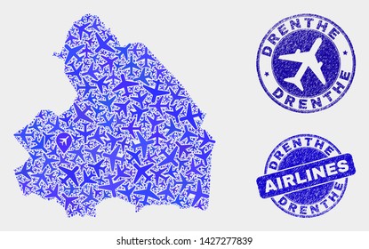 Aviation vector Drenthe Province map mosaic and grunge seals. Abstract Drenthe Province map is constructed from blue flat random airline symbols and map locations. Flight plan in blue colors,