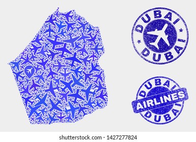 Aviation vector Dubai Emirate map collage and grunge watermarks. Abstract Dubai Emirate map is formed from blue flat randomized aviation symbols and map pointers. Tourism plan in blue colors,