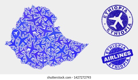 Aviation vector Ethiopia map collage and grunge seals. Abstract Ethiopia map is created with blue flat scattered aviation symbols and map markers. Tourism plan in blue colors, and rounded seals.