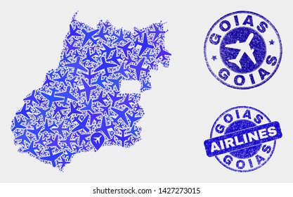 Aviation vector Goias State map collage and grunge seals. Abstract Goias State map is created from blue flat scattered airline symbols and map pointers. Flight scheme in blue colors,