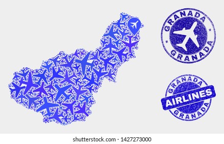 Aviation vector Granada Province map mosaic and grunge watermarks. Abstract Granada Province map is created from blue flat random aviation symbols and map locations. Delivery plan in blue colors,