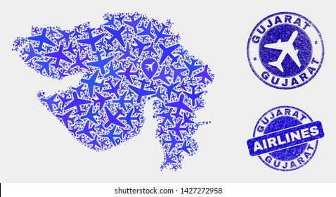 Aviation vector Gujarat State map mosaic and scratched watermarks. Abstract Gujarat State map is done of blue flat randomized aviation symbols and map pointers. Shipping scheme in blue colors,