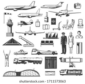 Aviation vector icons, airport equipment and airline staff. Airplane tickets, passport and security control, flights schedule and tickets, passenger seats and airstairs, shuttle bus and taxi