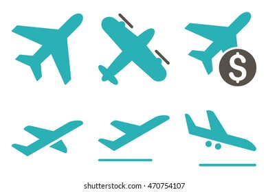 Aviation vector icons. Pictogram style is bicolor grey and cyan flat icons with rounded angles on a white background.