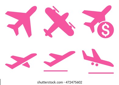 Aviation vector icons. Pictogram style is pink flat icons with rounded angles on a white background.