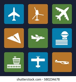aviation vector icons. Set of 9 aviation filled icons such as plane, helicopter, airport, airport tower