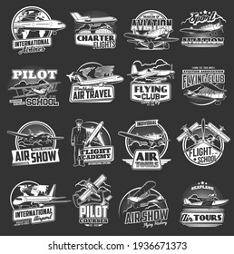 Aviation vector icons vintage and modern planes. Flight school, pilot courses, tours and international airport. Flying club, seaplanes and airplane aviation, air show, aviators and fliers labels set