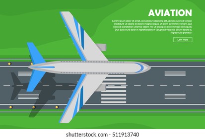 Aviation vector illustration of airplane. Plane, airport, runway, takeoff, grass, marking, lights. Vector informative poster, banner illustration. For airport hall or website about airplanes.