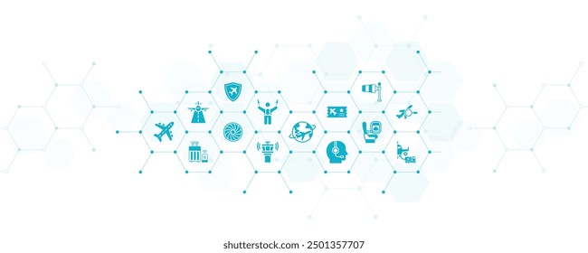 Ilustración vectorial de aviación. Concepto azul con iconos relacionados con el espacio aéreo, terminal de aeropuerto, avión y avión de pasajeros, industria aeroportuaria y servicio, sin personas.