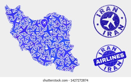 Aviation vector Iran map collage and scratched stamps. Abstract Iran map is done of blue flat random airline symbols and map locations. Flight plan in blue colors, and rounded stamps.