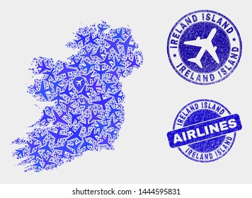 Aviation vector Ireland Island map mosaic and grunge seals. Abstract Ireland Island map is composed with blue flat scattered airline symbols and map pointers. Delivery plan in blue colors,