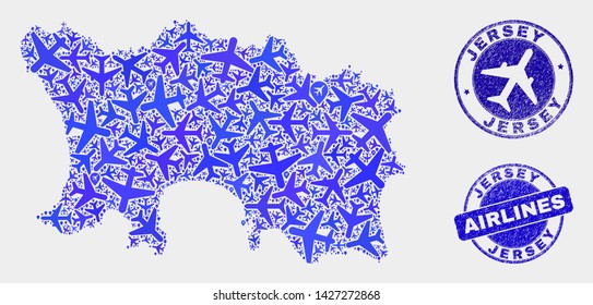 Aviation vector Jersey Island map composition and scratched seals. Abstract Jersey Island map is composed of blue flat random aircraft symbols and map markers. Flight scheme in blue colors,
