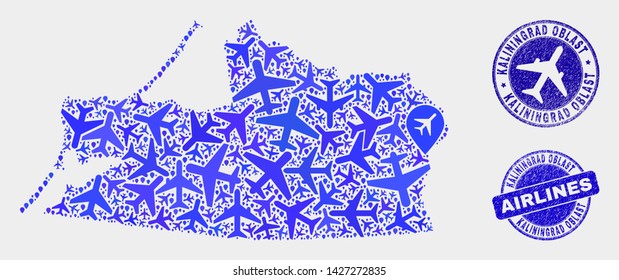 Aviation vector Kaliningrad Region map mosaic and scratched watermarks. Abstract Kaliningrad Region map is organized with blue flat scattered aviation symbols and map locations.