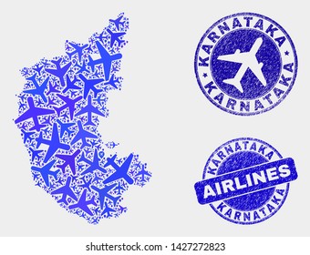 Aviation vector Karnataka State map composition and grunge seals. Abstract Karnataka State map is composed of blue flat random air plane symbols and map pointers. Flight plan in blue colors,