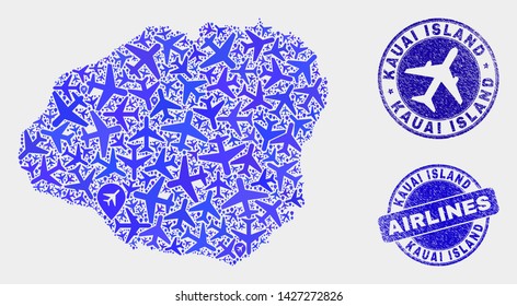 Aviation vector Kauai Island map collage and grunge watermarks. Abstract Kauai Island map is created of blue flat scattered aviation symbols and map locations. Delivery plan in blue colors,
