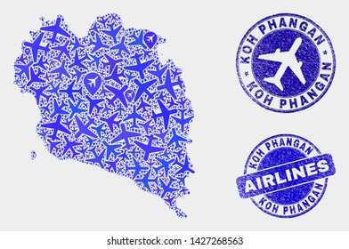 Aviation vector Koh Phangan map mosaic and grunge seals. Abstract Koh Phangan map is organized from blue flat scattered air plane symbols and map locations. Delivery scheme in blue colors,