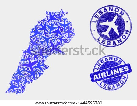 Aviation vector Lebanon map mosaic and scratched watermarks. Abstract Lebanon map is done with blue flat random aviation symbols and map pointers. Shipping plan in blue colors, and rounded watermarks.