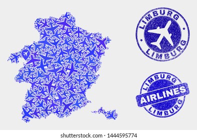 Aviation vector Limburg Province map composition and scratched stamps. Abstract Limburg Province map is created from blue flat scattered aviation symbols and map pointers.