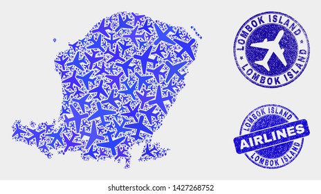 Aviation vector Lombok Island map collage and scratched seals. Abstract Lombok Island map is done from blue flat scattered aviation symbols and map locations. Flight scheme in blue colors,