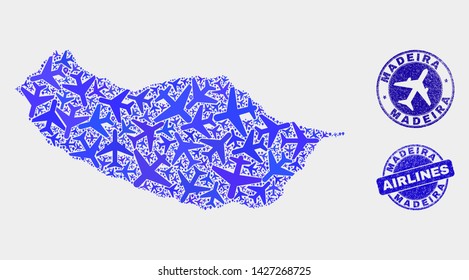 Aviation vector Madeira map collage and scratched seals. Abstract Madeira map is composed from blue flat random airlines symbols and map markers. Shipping scheme in blue colors, and rounded seals.