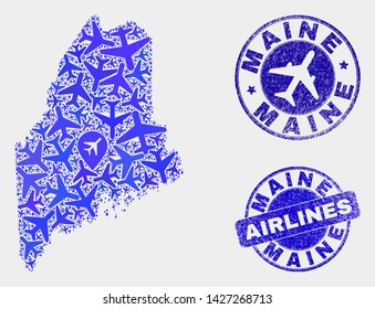 Aviation vector Maine Land map mosaic and scratched stamps. Abstract Maine Land map is created from blue flat random aircraft symbols and map locations. Tourism scheme in blue colors,