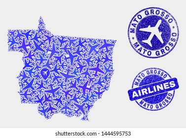 Aviation vector Mato Grosso State map collage and scratched stamps. Abstract Mato Grosso State map is organized from blue flat scattered aircraft symbols and map markers. Flight scheme in blue colors,