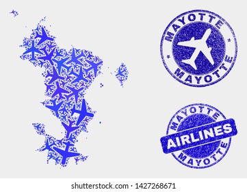 Aviation vector Mayotte Islands map mosaic and scratched seals. Abstract Mayotte Islands map is formed of blue flat scattered airplane symbols and map markers. Delivery scheme in blue colors,