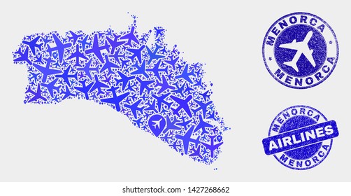 Aviation vector Menorca Island map mosaic and scratched seals. Abstract Menorca Island map is constructed of blue flat random aviation symbols and map pointers. Tourism plan in blue colors,