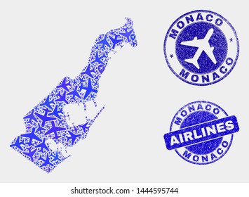 Aviation vector Monaco map collage and grunge seals. Abstract Monaco map is done with blue flat random airplane symbols and map locations. Delivery plan in blue colors, and rounded seals.