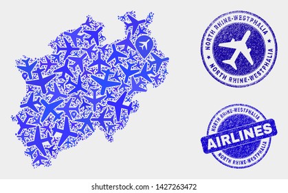 Aviation vector North Rhine-Westphalia Land map collage and grunge stamps. Abstract North Rhine-Westphalia Land map is formed with blue flat scattered aviation symbols and map markers.