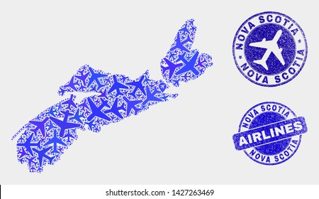 Aviation vector Nova Scotia Province map mosaic and grunge stamps. Abstract Nova Scotia Province map is done with blue flat randomized aviation symbols and map locations.