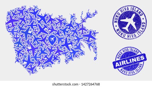 Aviation vector Nuku Hiva Island map mosaic and grunge stamps. Abstract Nuku Hiva Island map is created from blue flat scattered air plane symbols and map markers. Tourism scheme in blue colors,