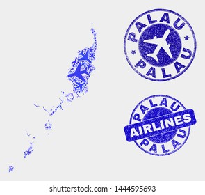 Aviation vector Palau map collage and grunge stamps. Abstract Palau map is formed with blue flat randomized aviation symbols and map markers. Tourism scheme in blue colors, and rounded stamps.
